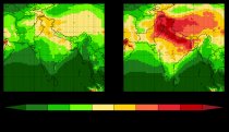 Maximum daily average 8-hour surface ozone over South Asia for the present day (1995-2004, left) and future (2045-2054, right) RCP 8.5 scenarios.