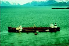 The Exxon Valdez leaking oil; the slick is visible along side of ship. (Courtesy of Richard Stapleton. Reproduced by permission.)